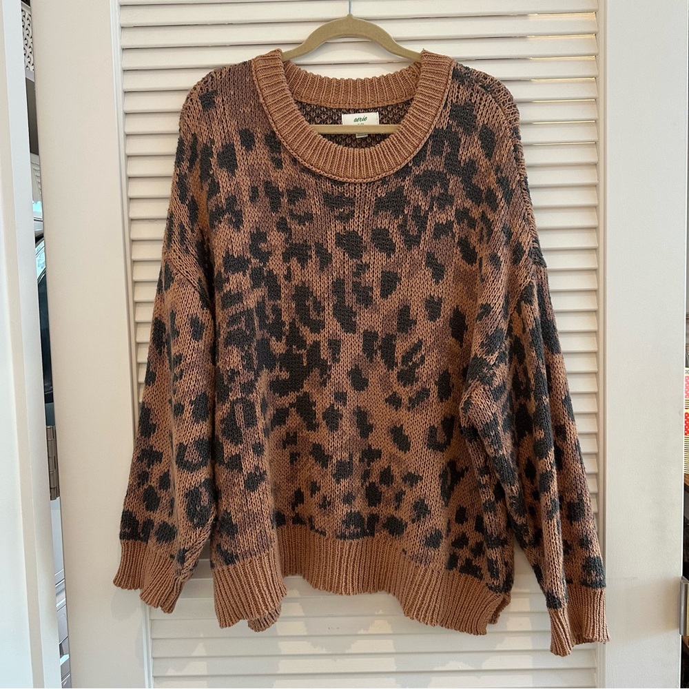 aerie Brown and Black Leopard Print Crewneck Sweater